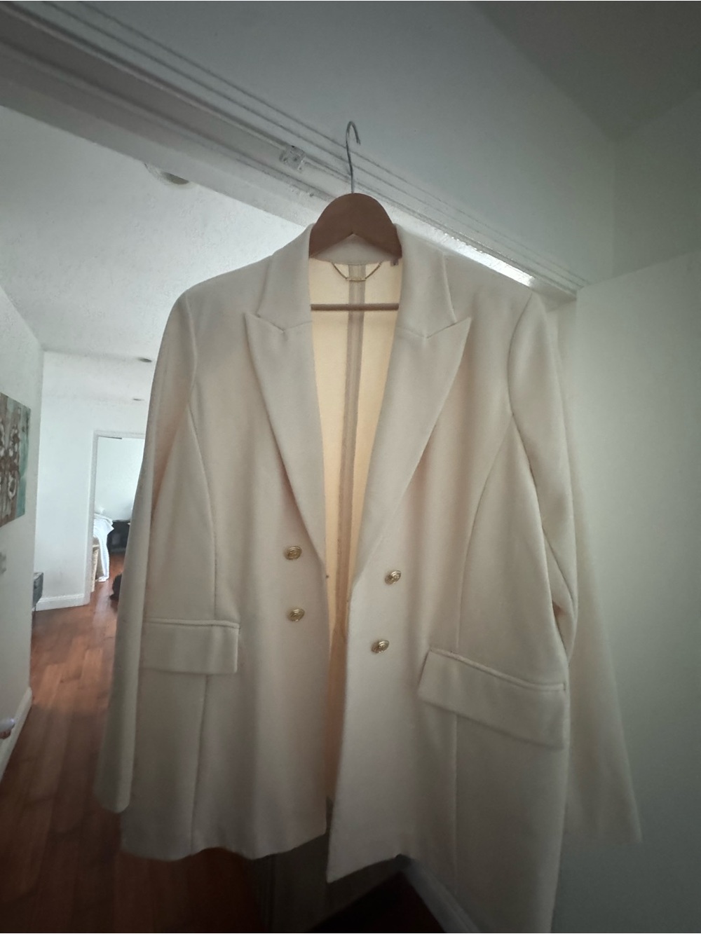 Chico's Ivory Double-Breasted Blazer with Gold Buttons